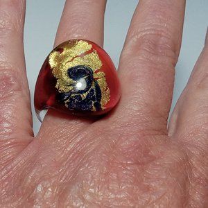 Murano Art Glass Ring. Gold -Red -Black Size 7